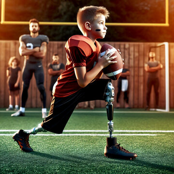 Jugentlicher mit einer Beinprothese spielt american football. Volle Teilhabe am normalen Leben.