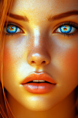 A woman with blue eyes and a tan face. The eyes are bright and the lips are pink