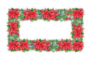 Christmas traditional floral frame decor. Vintage style illustration. Bright winter season decoration from conifer, eucalyptus, poinsettia flower, juniper. Winter festive frame on white background