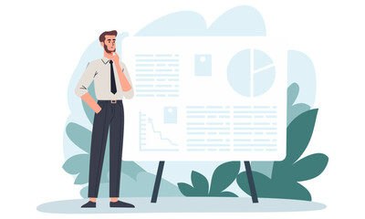 Flat vector illustration. Man in a pensive pose standing in front of a large banner, making a presentation, thinking over a problem . Vector illustration