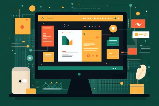 Desktop computer with an open web browser displaying graphs, charts, and icons.