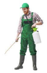 Gardener using a pressure sprayer