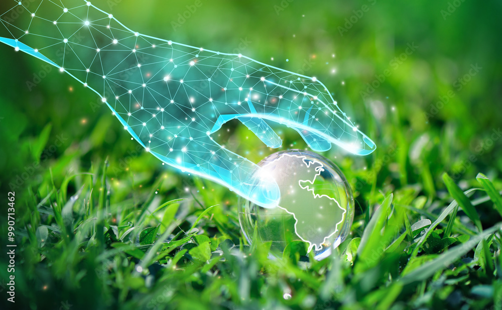 Poster globe and robot hand with environment . green technology and environmental technology.
