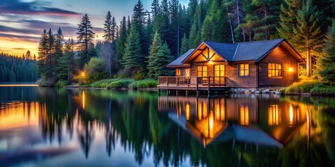 Warmly lit cabin by the lake with serene reflections at dusk