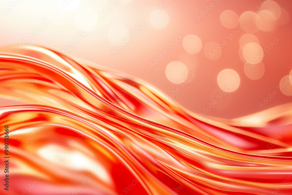 Poster the background features fluid waves of red and orange hues, smoothly blending with soft bokeh lights