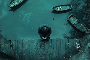 Lone person floating in dark, mysterious underwater world surrounded by sunken boats