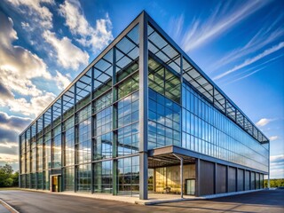 Obraz premium The industrial building's exterior is characterized by a large sheet of glass, held in place by a concrete