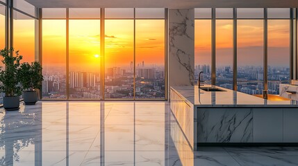 Fototapeta premium Modern Minimalist Kitchen Room with Wooden Table, luxurious Interior Design, Furniture with Background
