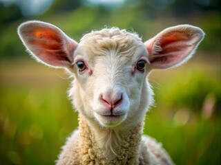Obraz premium The Katahdin lamb's introspective stare seems to pierce the air, its chocolate-brown eyes gleaming with a quiet