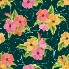 Hibiscus bouquets on a colored background.Vector pattern with bouquets of hibiscus on a colored abstract background.