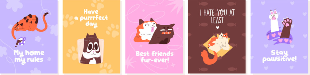 Cards' designs with naughty cats set. Templates of posters with cute kittens and comic phrases. Postcards with funny kitties have fun, playing. Amusing pets, animals. Flat vector illustrations