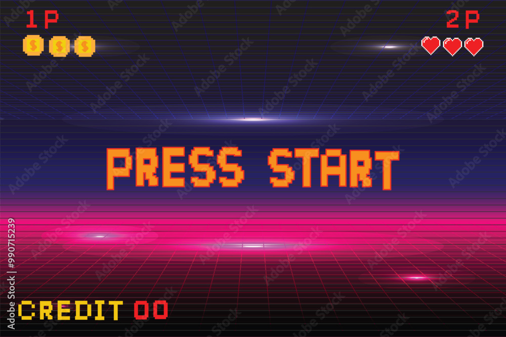 Leinwandbilder prees start. Pixel art background.8 bit game. retro game. for game assets in vector illustrations. Retro Futurism Sci-Fi Background. glowing neon grid. and stars from vintagsynwap table1 start new gam