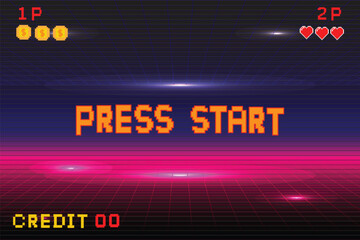 prees start. Pixel art background.8 bit game. retro game. for game assets in vector illustrations. Retro Futurism Sci-Fi Background. glowing neon grid. and stars from vintagsynwap table1 start new gam