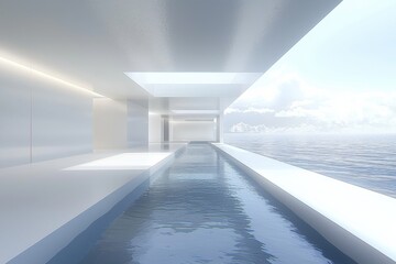 Long, narrow indoor swimming pool with sunlight streaming in