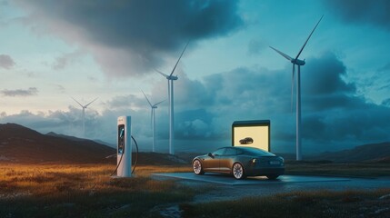 Electric car charging at a station near wind turbines, with a large blank poster for green energy awareness.