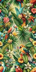 Obraz premium Lush tropical pattern featuring vibrant fruits, flowers, and large green leaves, symbolizing a tropical paradise with bright colors and exotic vibes.