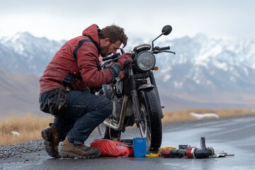Motorcyclist repairs his bike alongside a mountain road while snow-capped peaks loom in the distance during a chilly afternoon