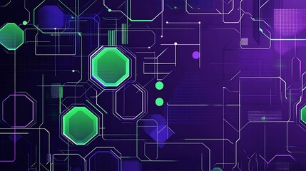 Fototapeta premium Abstract digital background with glowing neon green and purple geometric shapes.