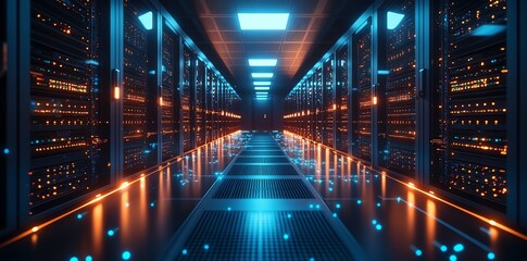 Empty server room hallway with blue and orange lighting and a glowing floor.