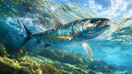 Fototapeta premium A vibrant fish springs from crystal-clear waters as a skilled angler readies to catch it.