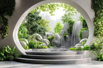 Lush green garden oasis with cascading waterfall and tranquil pond behind modern architectural archway