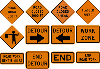 Road Work and Detour Signs Collection Featuring Work Zone, End Road Work, and Flagger Warnings. Road signs in the United States.