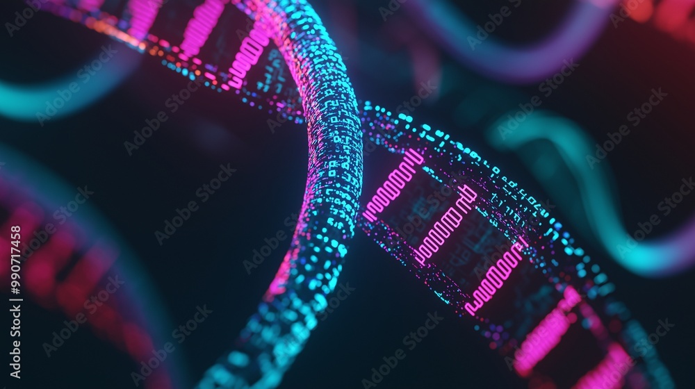 Poster colorful dna helix with binary code visualization