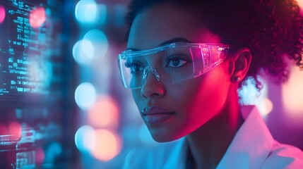 African American woman checking vials in a sterile lab environment, AI-generated data overlays on the screen, smooth blue lighting, Futuristic, 3D Render