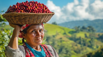 Costa Rican Farmer with Coffee Basket in Landscape