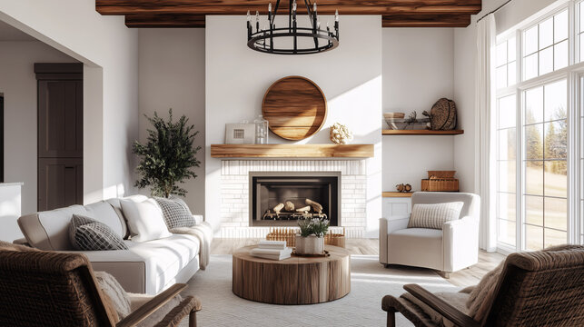 Charming modern farmhouse living room featuring a mix of vintage and contemporary decor. A rustic wood mantel holds decorative items, while a modern chandelier provides an updated farmhouse look