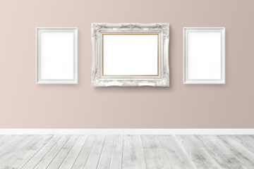 Baroque white picture frame mockup hanging on  a pink wall