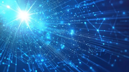 Futuristic Digital Network Visualization with Glowing Geometric Shapes and Particles