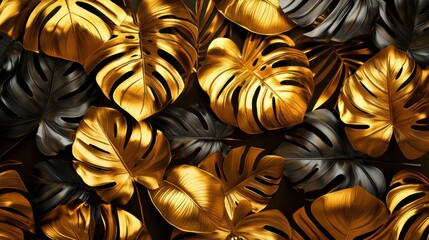 Luxuriant golden monstera leaves in tropical natural pattern