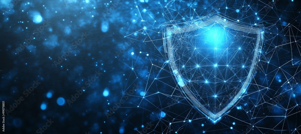 Poster futuristic digital security polygonal shield protecting data in a networked world, 3d render