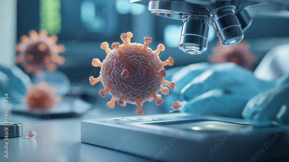 Poster close-up of virus under microscope in laboratory setting