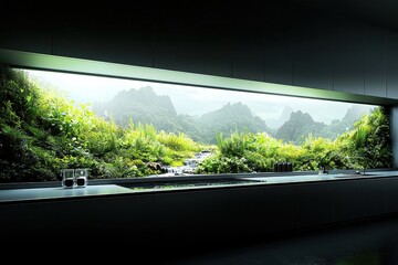 Lush green landscape viewed through glass window in modern building
