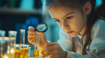 Young Girl Scientist Examining Liquid in a Test Tube with a Magnifying Glass