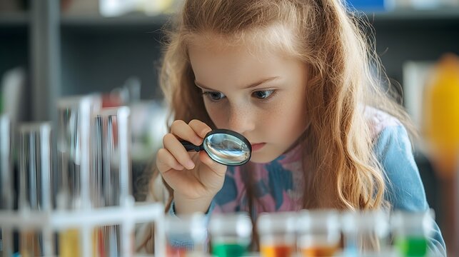 Young girl with magnifying glass examining colored liquids in test tubes - Powered by Adobe