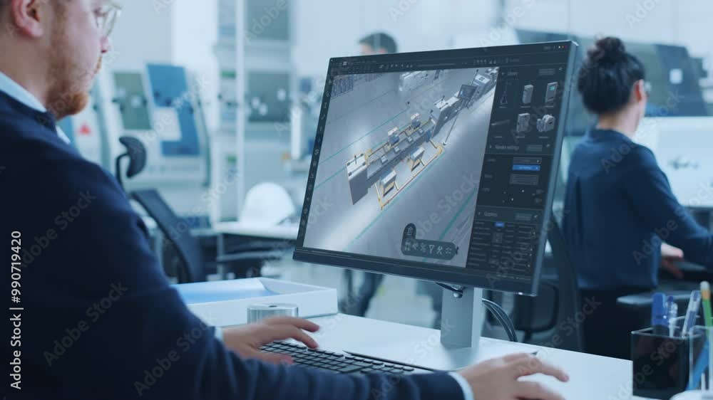Poster High-tech Factory Office: Industrial Design Engineer Uses 3D CAD Software to Render Autonomous Robot Arm Facility. Product Design Future Manufacturing Processes on Advanced Conveyor Assembly Line