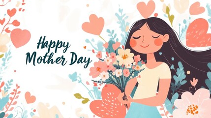 Fototapeta premium A cheerful Mother's Day banner features a mom with flowers, hearts, and colorful blooms