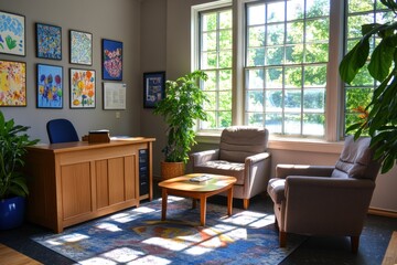 Sunlit Office Interior with Wooden Desk, Artwork, and Two Armchairs