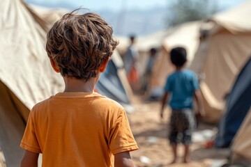 Obraz premium A child in an orange shirt stands in a refugee camp, looking at tents and other children, symbolizing hope and resilience.