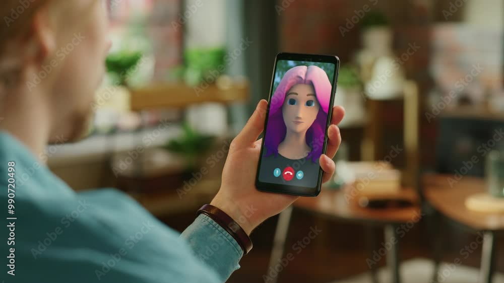 Poster close-up of person using smartphone for video call with avatar friend. engaging in virtual chat for 