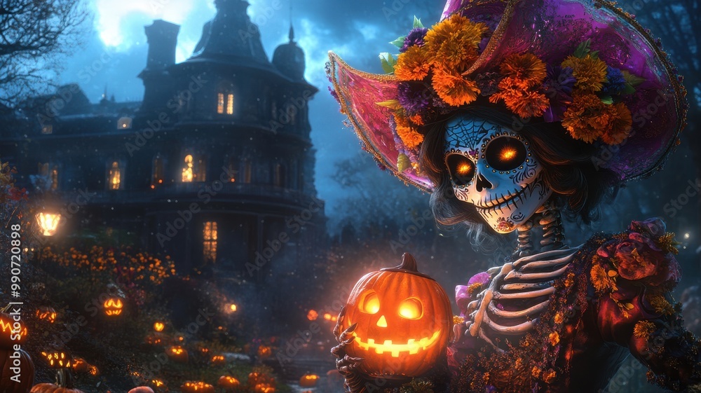 Wall mural a colorful skeleton in a wide-brimmed hat holds a glowing pumpkin in front of a spooky mansion, capt