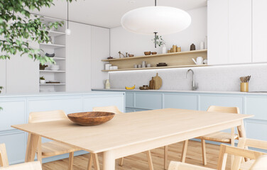 A modern minimalist kitchen and dining room with a chic yet functional style and design