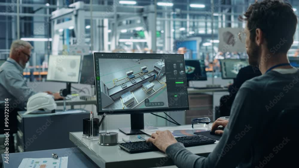 Poster Advanced Manufacturing: Team of Engineers Collaborate on Design of Robotic 3D Assembly Line. Screen Shows Software Automated Production Process, Optimizing Industrial Facility Layout