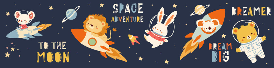 A collection of flat vector illustrations in children's style. Cute animals flying in spacesuits and on a rocket. Lion mouse bunny koala fox bear cub. A set of space-themed lettering and captions © Alena