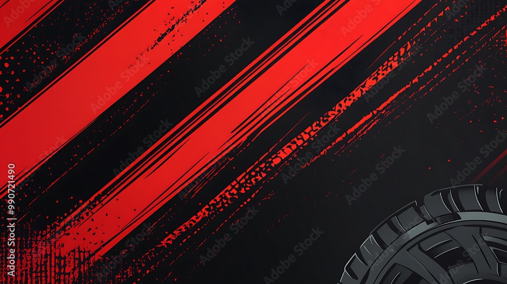 Poster Abstract background with diagonal red stripes and a tire in the corner.