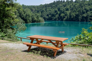 Obraz premium A wooden picnic table sits by a tranquil lake surrounded by lush greenery.