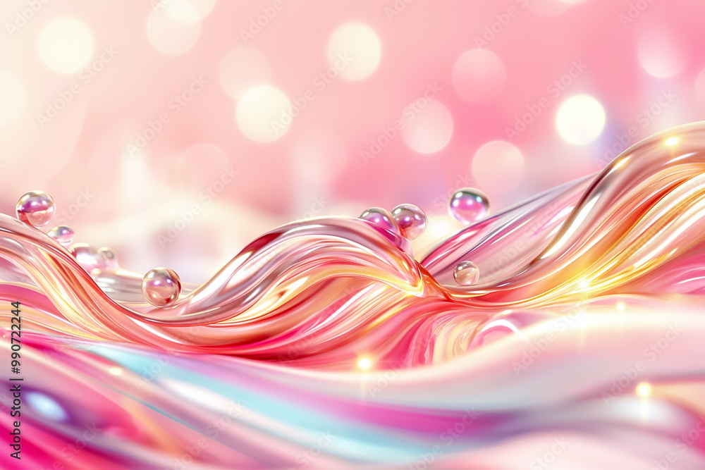 Poster this backdrop features soft waves in shades of pink and gold, with delicate bubbles floating above, 